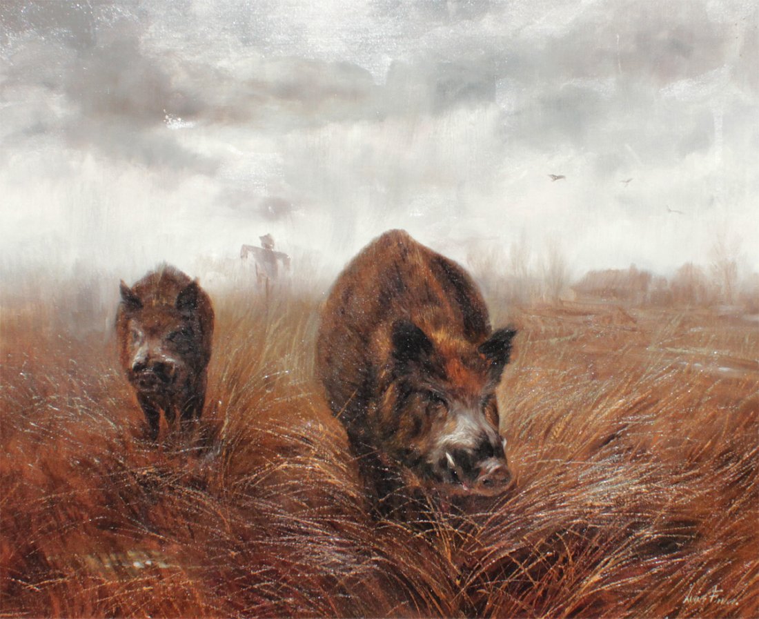LEON FRIAS WILD PIGS IN A LANDSCAPE PAINTING: FRIAS, Leon, (Spanish, 1946- ): Wild Pigs in a Landscape, Oil/Canvas, 18 1/8" x 21 3/4", signed lower right, encased in ebonized frame with minor wear 26" x 29 1/2".