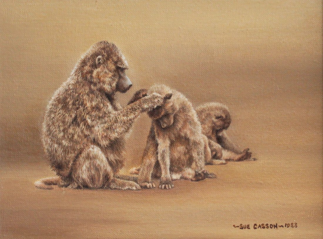 SUE CASSON SNOW MONKEY FAMILY PAINTING: CASSON, Sue, (American, 20th Century): Snow Monkey Family, Oil/Canvas, measures 7" x 9", signed lower right, dated 1983, gilded frame with minor wear 10 1/4" x 12 1/2".