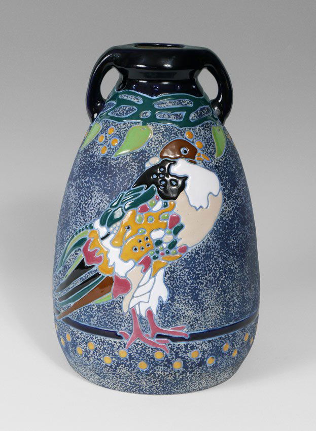 LARGE AMPHORA CZECH POTTERY VASE: LARGE AMPHORA POTTERY HANDLED VASE: Incised and enamel figure of a bird and vines. Marked with Amphora, Made in Czecho-Slovakia, with impressed numbers. 15 1/4'' h. x 9 1/4''.