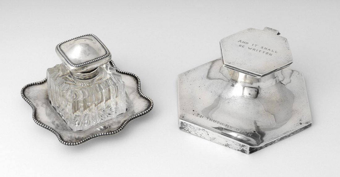 2 PIECE SILVER DESK ITEMS: 2 PIECE SILVER DESK ITEMS: 3 pieces total to include 1) 1951 Walker & Hall, Sheffield, silver ink stand. Hinged lid, missing insert, inscribed ''And it shall be written, in truth my Dawn''. 2 1/2'' h.