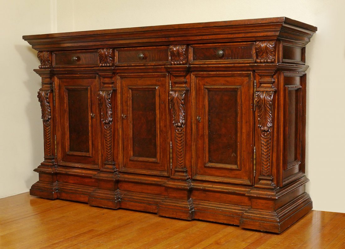 ROBB & STUCKY COUNTRY FRENCH STYLE SIDEBOARD: ROBB & STUCKY COUNTRY FRENCH STYLE SIDEBOARD: Distressed finish with carved accents. 3 drawers, one with felt lined silverware insert, another with the Robb & Stucky plaque. 3 doors with single interi