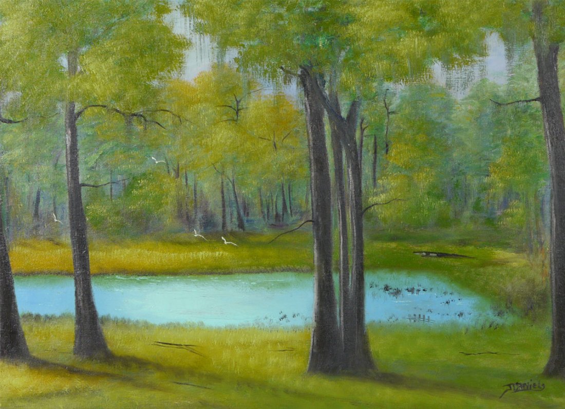 JOHNNY DANIELS GATOR POND HIGHWAYMEN PAINTING: DANIELS, Johnny, (American, 20th Century): Florida Highwaymen "Gator Pond", circa 1990, Oil/Canvasboard, 18" x 24", painted molding frame, 22" x 28 1/4".