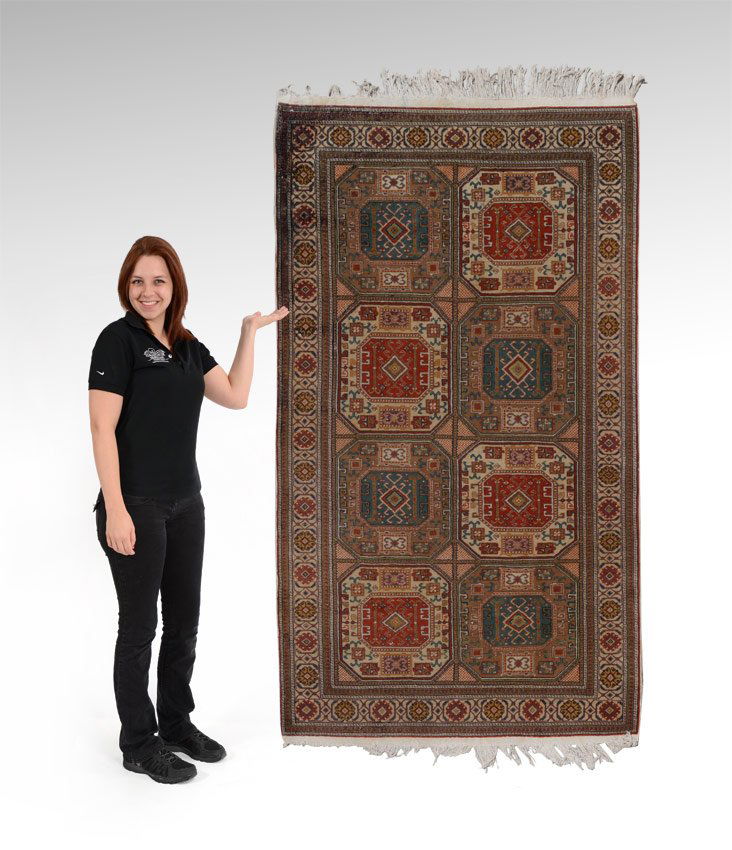 SEMI-ANTIQUE TURKISH HAND KNOTTED WOOL RUG 4'8"x7' 8": SEMI-ANTIQUE TURKISH HAND KNOTTED WOOL RUG, 4' 8" x 7' 8": This rug has a design that is seen in antique Bergama rugs. The eight squared medallions that form two rows covering the field are done in co
