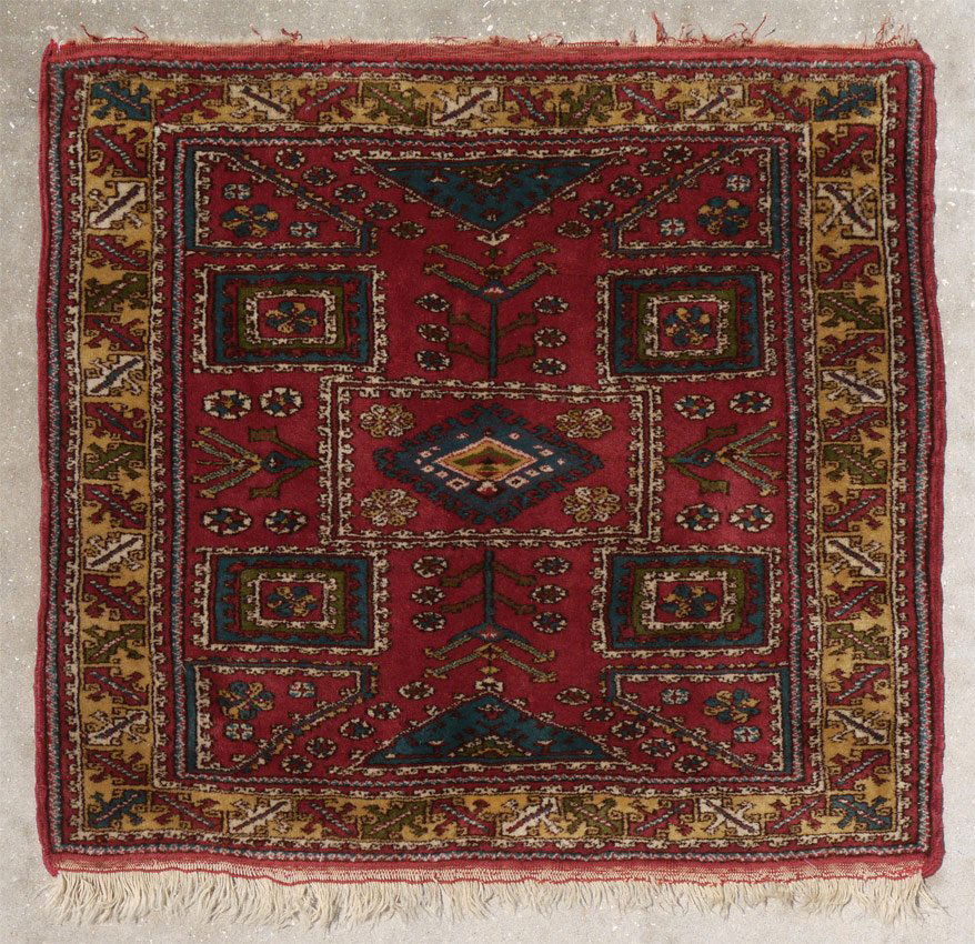 SEMI-ANTIQUE TURKISH HAND KNOTTED WOOL RUG 3'4" x: SEMI-ANTIQUE TURKISH HAND KNOTTED WOOL RUG, 3' 4" x 3' 8": This interesting rug has a pretty rose colored field that has a design of four squares around a center diamond shaped medallion that is outli