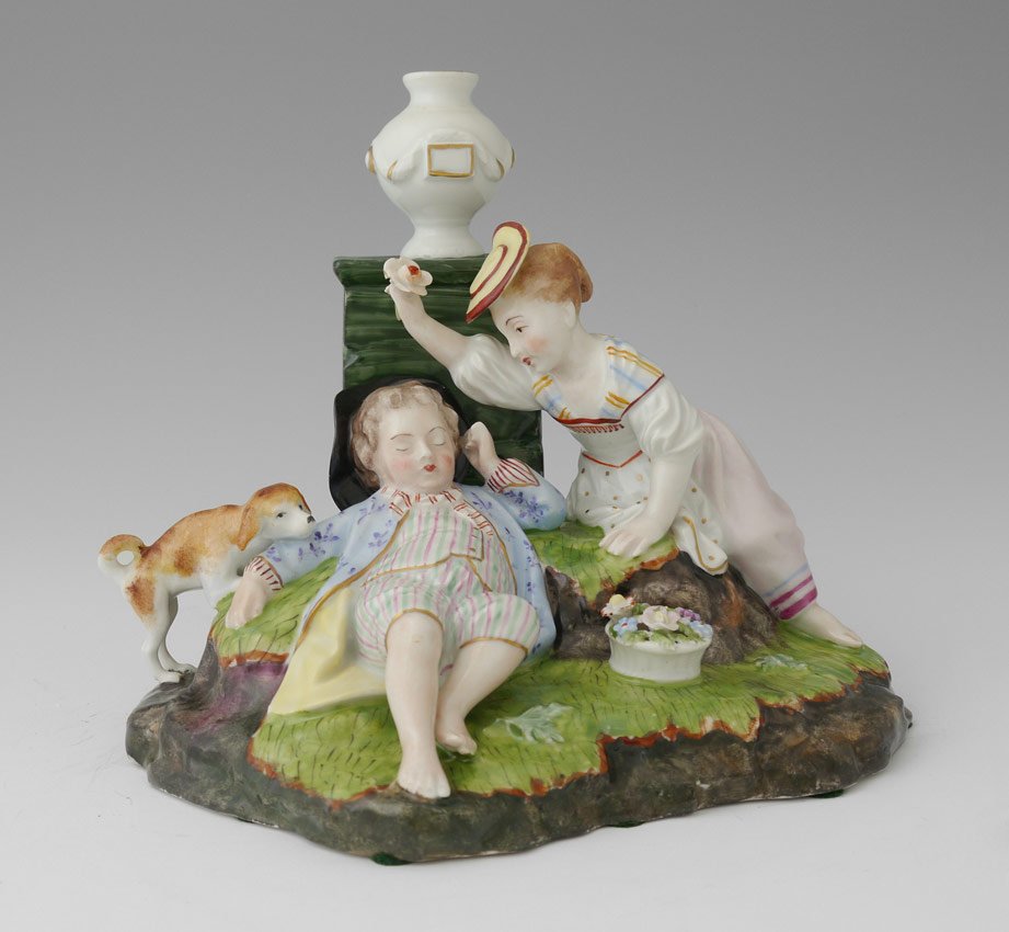 CARL THIEME DREDEN PORCELAIN GROUP SLEEPING BOY: CARL THIEME DRESDEN PORCELAIN FIGURAL GROUP: Depicting a boy sleeping, with admirer looking on. Measures 7 1/4" x 8 1/2" x 7 1/4".