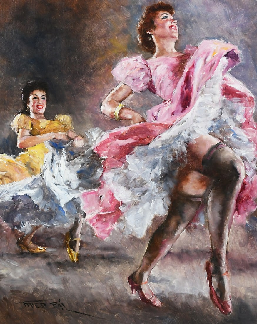 ORIGINAL PAL FRIED CAN-CAN DANCERS PAINTING: FRIED, Pal, (Hungarian/American, 1893-1976): "Can-Can", Oil/Canvas, 30" x 24", signed lower left, titled verso, framed, 36.75" x 30.75". Receipt affixed verso with purchase price of $3000.