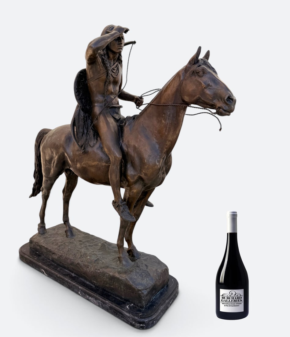 LARGE "THE SCOUT" BRONZE AFTER CYRUS DALLIN: LARGE "THE SCOUT" BRONZE AFTER CYRUS DALLIN: Native American on Horseback, 34" in height, overall 35.5" in height overall with rounded edge marble base, "CE Dallin" incised with dated of 1940.