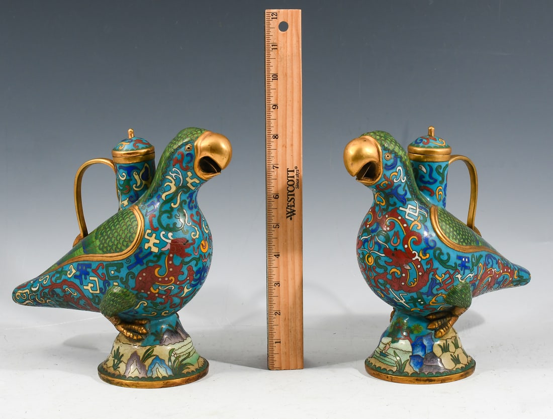 PAIR LATE QING CHINESE CLOISONNE PARROT VESSELS (1 of 5)