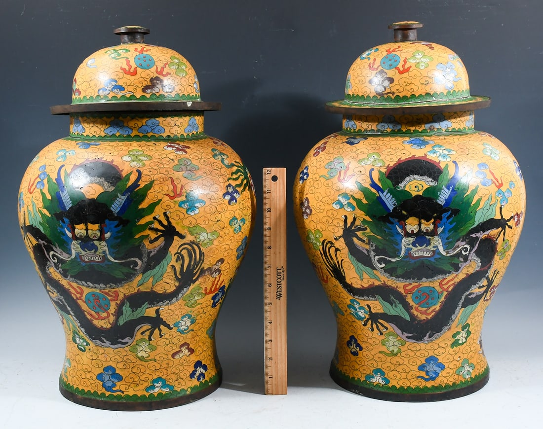 PR. CHINESE YELLOW CLOISONNE 5-TOED DRAGON VASES (1 of 6)