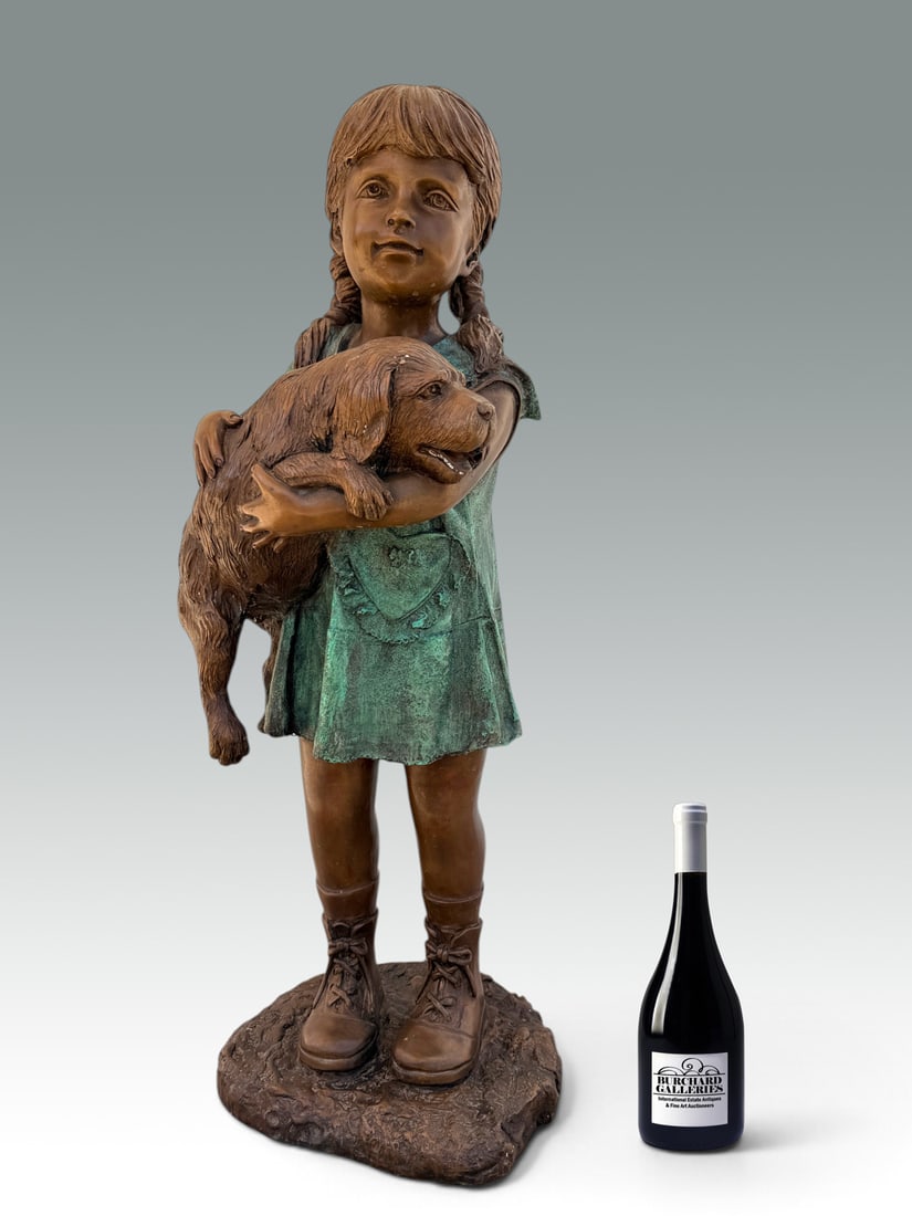 LARGE GIRL WITH PUPPY BRONZE: LARGE GIRL WITH PUPPY BRONZE: Measures 35" in height.