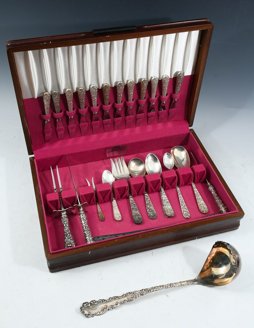 25 PC. STEIFF ROSE STERLING FLATWARE: 25 PC. STEIFF ROSE STERLING FLATWARE: Approx. 25.73 Troy ounces. Comprising; 12- Butter Knives, 1- Duck Knife, 1- Long handled Iced Tea Spoon, 2- Table Spoons, 1- Soup Spoon, 2- Cold Meat Forks, 2- Te