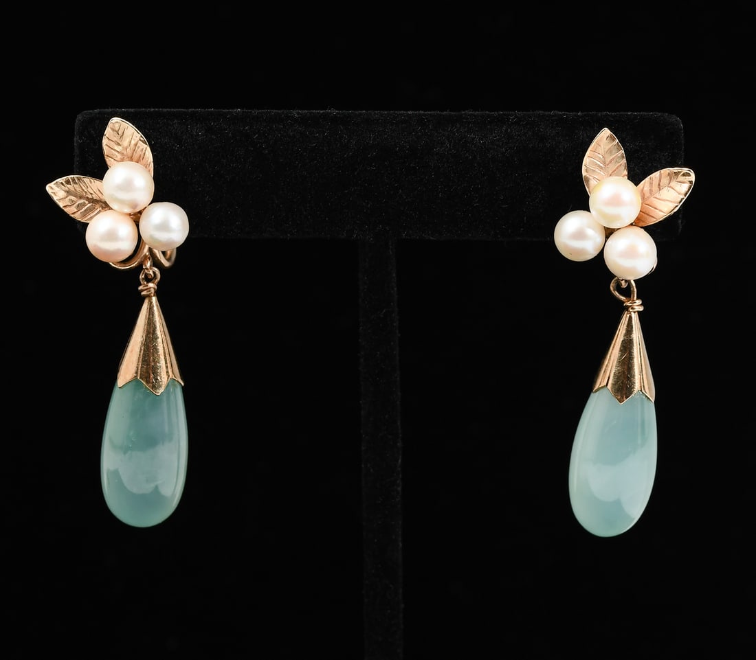 14K GOLD PEARL & JADE EARRINGS (1 of 5)