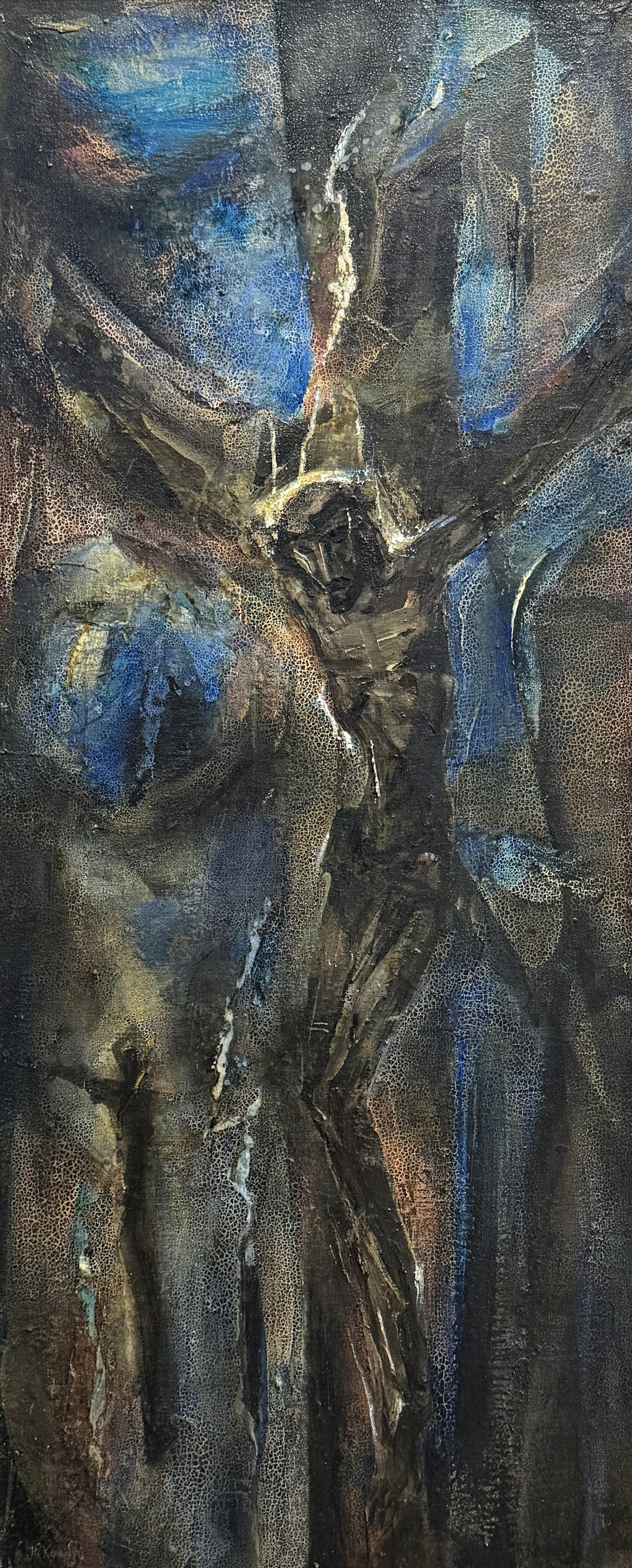 ABSTRACT PAINTING BY JANET KENNEDY: KENNEDY, Janet Robson, (American, 1902-1974): Abstract Crucifixion of Christ, Oil/Board, 48" x 19.75", signed lower left, framed, 55.5" x 27.25". Longboat Key FL Estate.