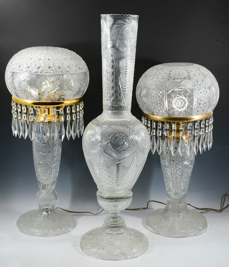 3 PC. CUT GLASS MUSHROOM LAMPS AND LARGE VASE (1 of 4)