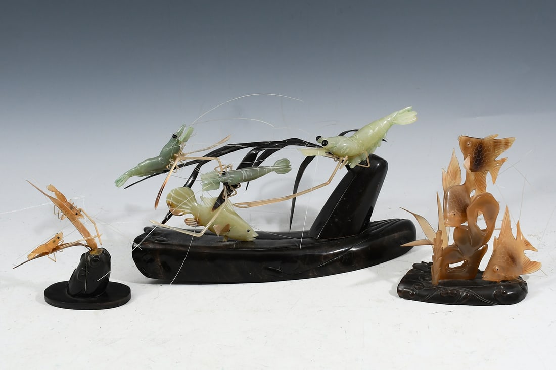 3 PC. ANGELFISH, SHRIMP, & PRAWNS HORN CARVINGS: 3 PC. ANGELFISH, SHRIMP, & PRAWNS HORN CARVINGS: 1- Carved Angelfish grouping on a water motif carved base. 1- Prawn grouping on a water motif carved base. 1- Carved Nephrite Shrimp & Fish grouping on