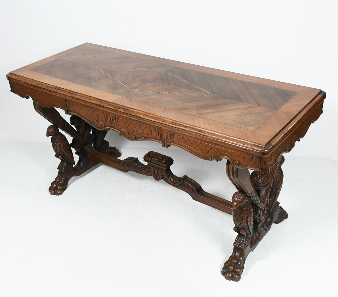19TH C. SOFA EXTENSION TABLE W/ CARVED RAVENS BASE (1 of 8)