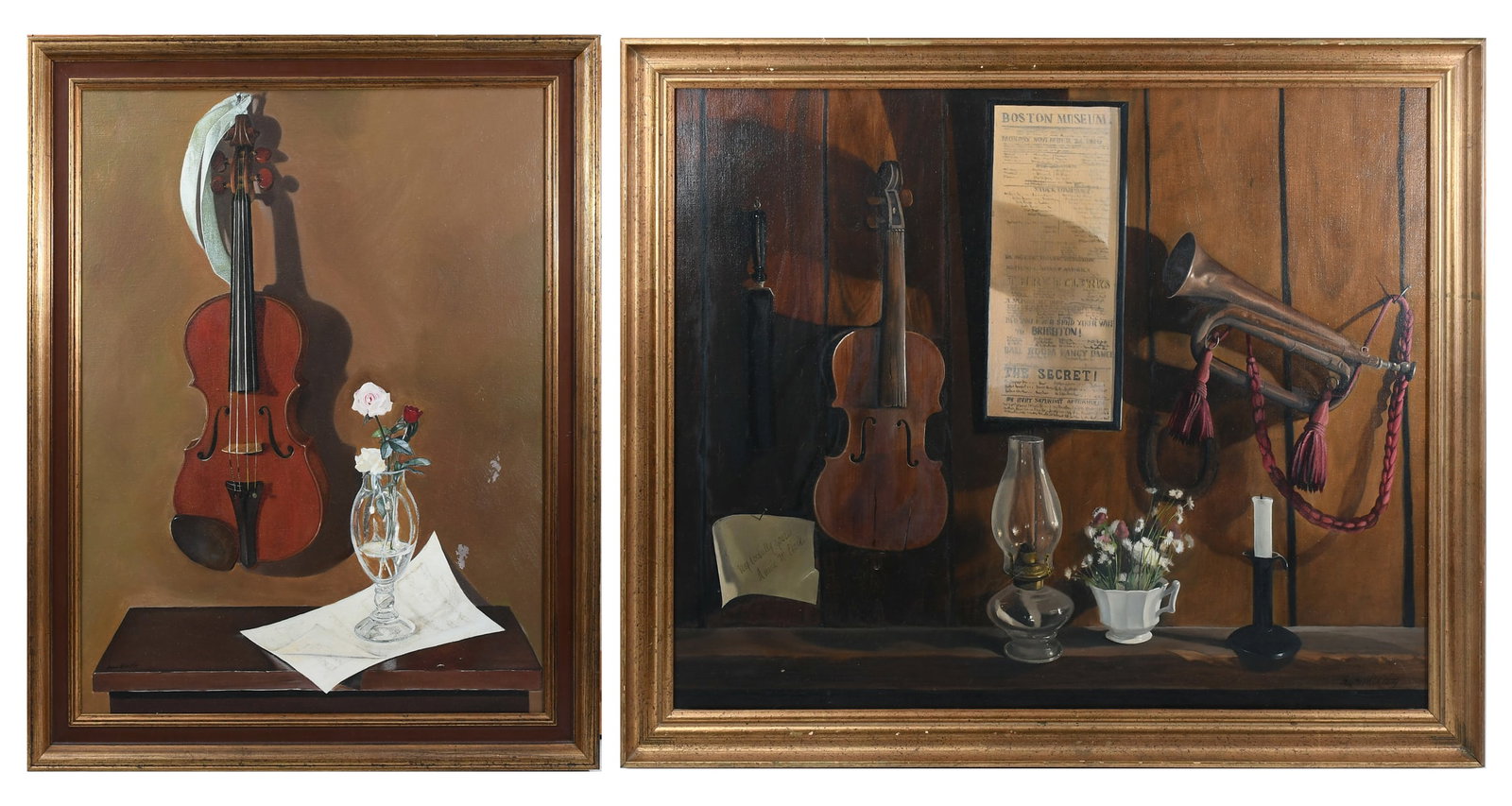 TWO SIGNED STILL LIFE PAINTINGS: TWO SIGNED STILL LIFE PAINTINGS: 1): "Violin, Flowers and Glass", Oil/Canvas, 24" x 18", illegibly signed lower left, framed, 27.5" x 21.5"; 2) Tabletop Still Life with Violin, Horn, Lamp, Candle, and