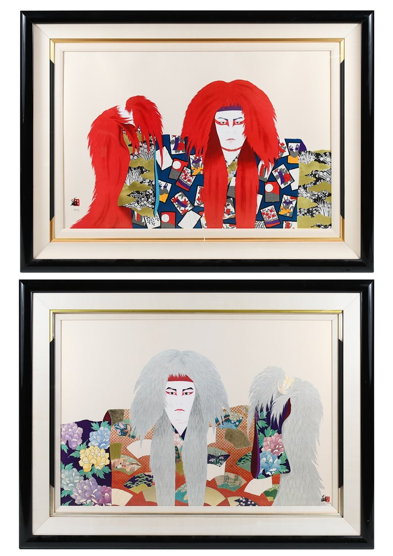 TWO HISASHI OTSUKA KABUKI ACTOR MIXED MEDIA PRINTS: OTSUKA, Hisashi, (Japanese, b. 1947): Two Mixed Media Prints: 1) "Lion of Fire", sight size 25.5" x 38.5", signed lower left, also numbered in pencil in Japanese lower left, custom matting and framing