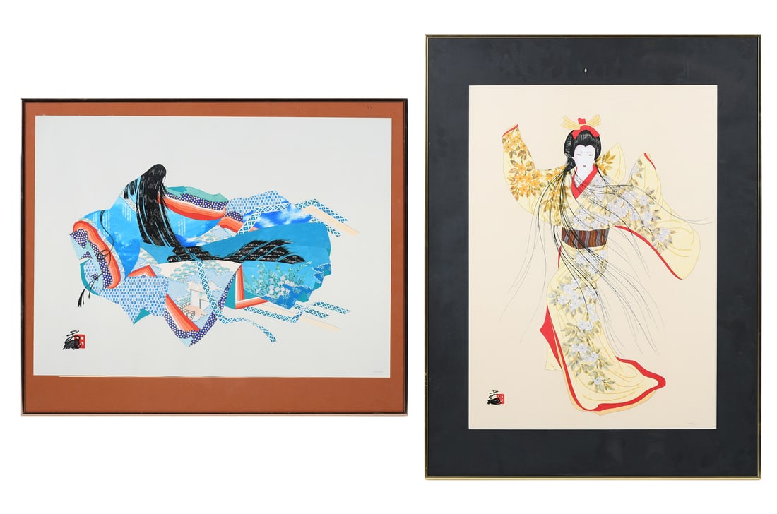 TWO HISASHI OTSUKA JAPANESE MIXED MEDIA PRINTS: OTSUKA, Hisashi, (Japanese, b. 1947): Two Mixed Media Prints: 1) "Immortal Poetess", 19" x 26", signed lower left, numbered 203/4000 in pencil lower right, framed, 23.25" x 28.125"; 2) "Vision of Eleg