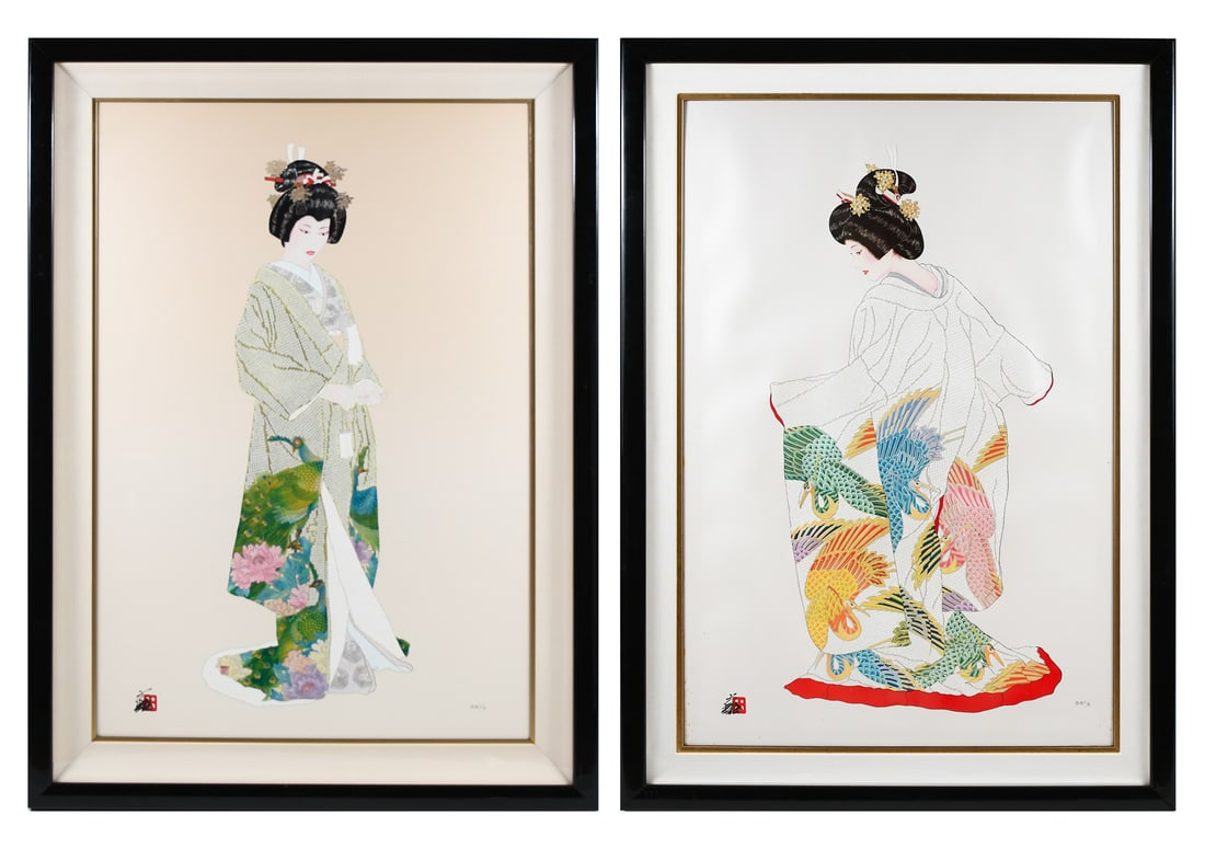 TWO HISASHI OTSUKA PRINTS OF WOMEN IN KIMONOS: OTSUKA, Hisashi, (Japanese, b. 1947): Two Mixed Media Prints: 1) "Geisha", sight size 38.5" x 25.75", signed lower left, numbered in pencil in Japanese lower right, framed, 46.75" x 33.625"; 2) "Fligh