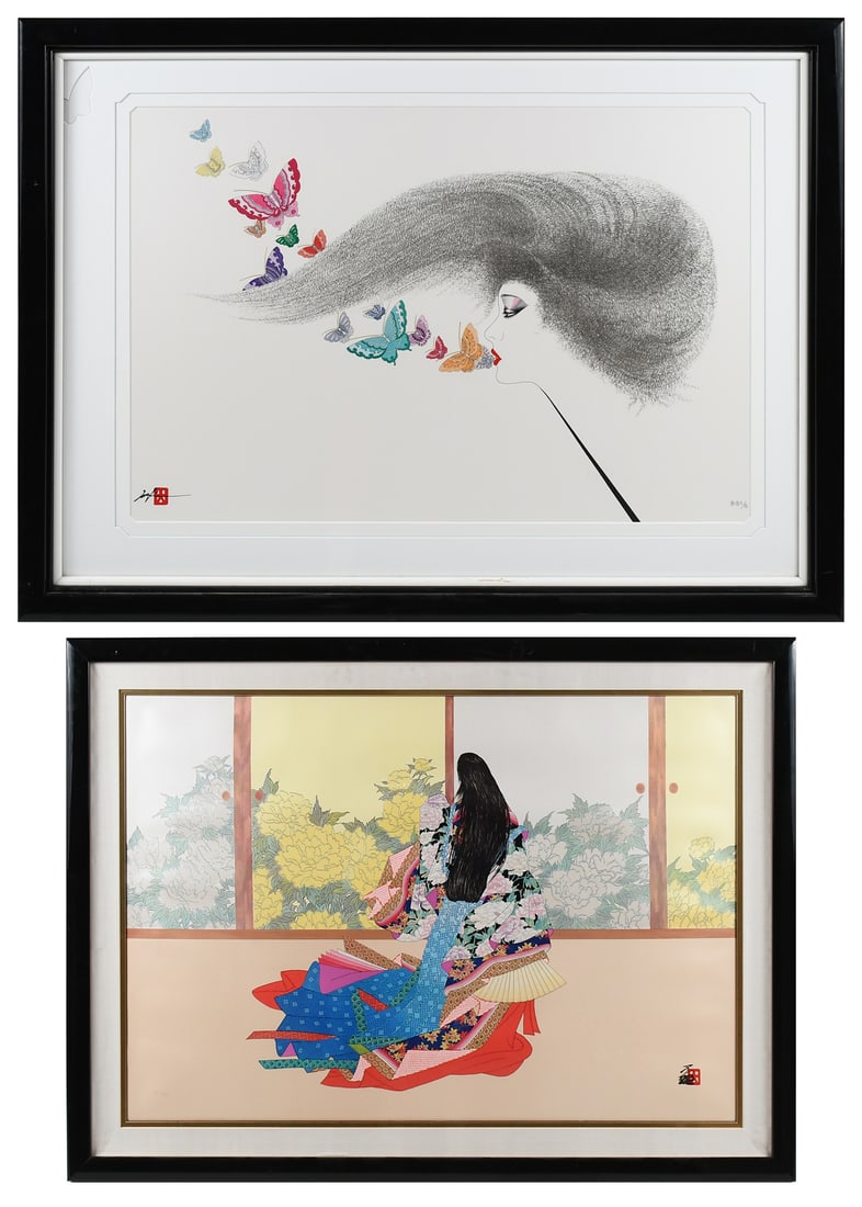 TWO HISASHI OTSUKA MIXED MEDIA PRINTS: OTSUKA, Hisashi, (Japanese, b. 1947): Two Mixed Media Prints: 1) "Whispering Butterflies", sight size 22" x 32.875", signed lower left, numbered in pencil in Japanese lower left, custom butterfly