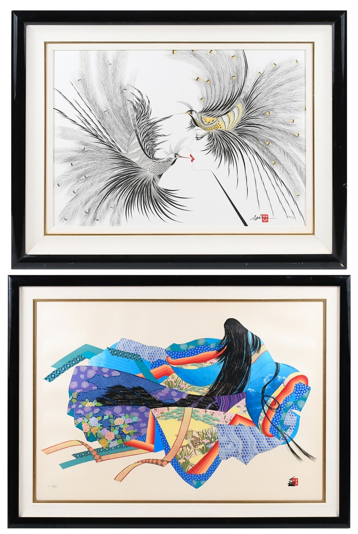 TWO HISASHI OTSUKA MIXED MEDIA PRINTS: OTSUKA, Hisashi, (Japanese, b. 1947): Two Mixed Media Prints: 1) "The Kiss", sight size 22" x 31.5", signed lower right, numbered in pencil in Japanese lower right, framed, 32.5" x 42.125"; 2) "Lady