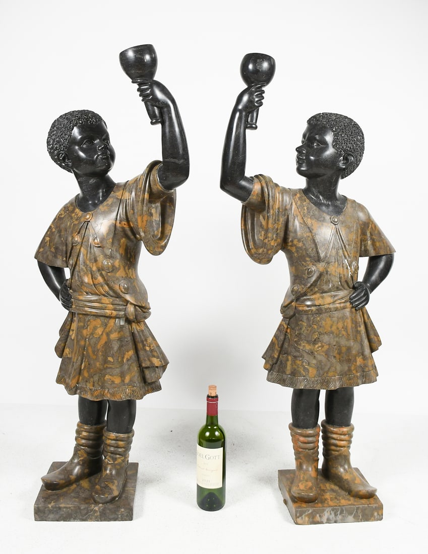 PR. CARVED MARBLE BLACKAMOOR FIGURES WITH TORCHES (1 of 3)