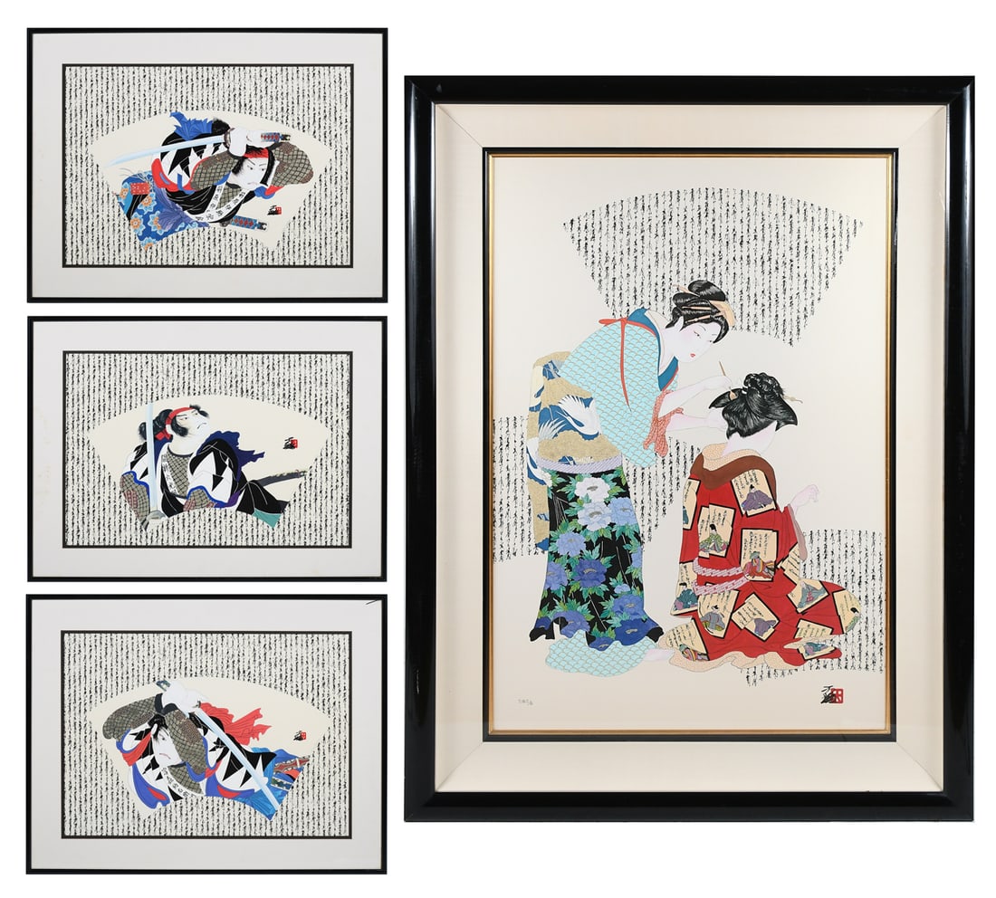 FOUR HISASHI OTSUKA MIXED MEDIA PRINTS: OTSUKA, Hisashi, (Japanese, b. 1947): Four Mixed Media Prints: 1) "Before the Recital", sight size 38" x 25", signed lower right, numbered in pencil in Japanese lower left, large custom frame, 48.75" 