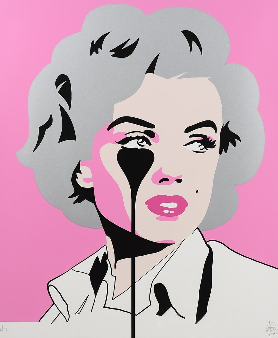 ORIGINAL PURE EVIL MARILYN MONROE SCREENPRINT: PURE EVIL (British, b. 1968): "Marilyn - Arthur Miller's Nightmare (Pink)", Color Screenprint/Wove Paper, 33.5" x 27.5", signed and numbered 48/75 in the lower margin, framed, 41.5" x 35.25". Sold wit