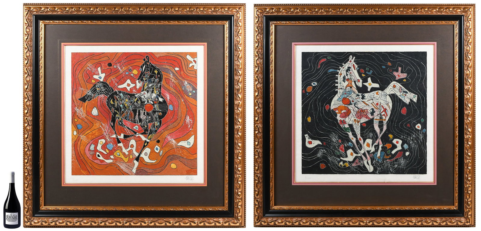 PAIR OF TIEFANG JIANG HORSE SERIGRAPHS: JIANG, Tiefang, (Chinese, b. 1938): 1) "Black Horse", Serigraph, sight size 27.5" x 27.75" with margins, pencil signed lower right, numbered I/LXXV lower left, fine custom framing, 45" x 44.75"; 2) "W