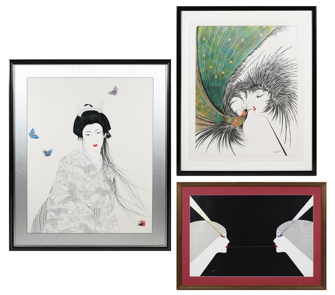 THREE HISASHI OTSUKA MIXED MEDIA PRINTS: OTSUKA, Hisashi, (Japanese, b. 1947): Three Mixed Media Prints: 1) "Royal Kiss", sight size 27.25" x 22.25", signed lower right, numbered 1293/3000 in pencil lower left, custom matting and framing, 32