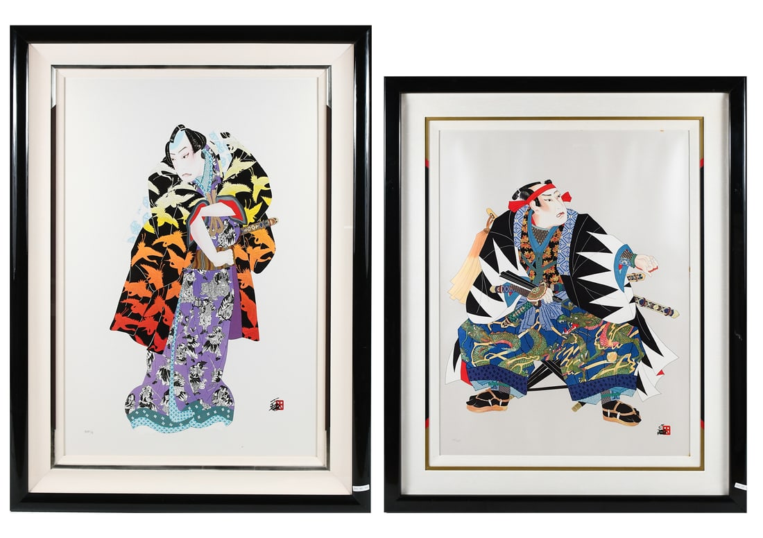 TWO HISASHI OTSUKA MIXED MEDIA PRINTS: OTSUKA, Hisashi, (Japanese, b. 1947): Two Mixed Media Prints: 1) "Chusingura", sight size 38.5" x 25.75", signed lower right, numbered in pencil in Japanese lower left, custom matting and framing, 48.