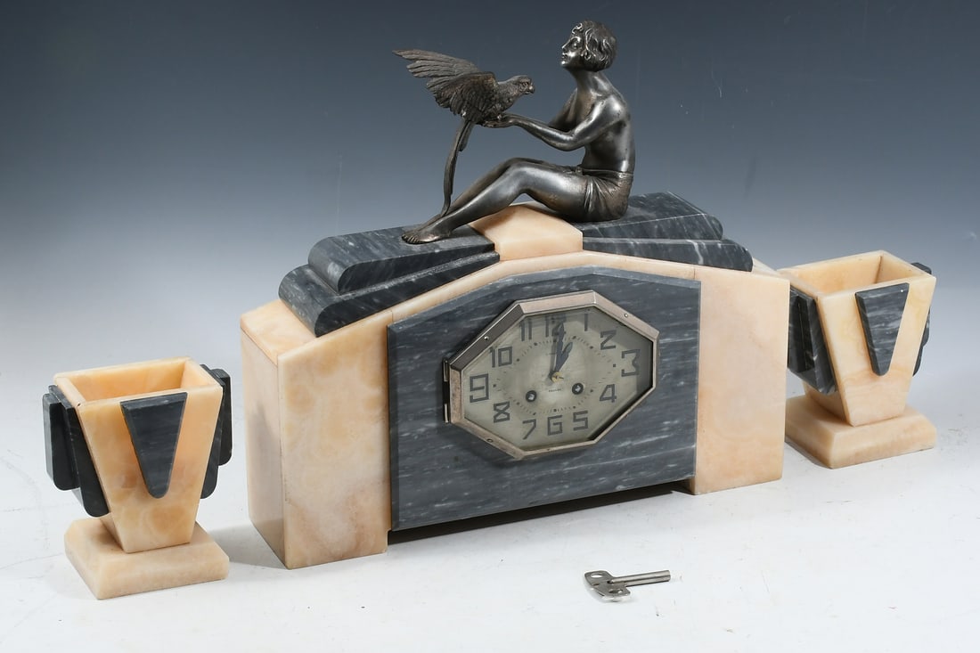 DECO CLOCK GARNITURE 3PC. GIRL WITH PARROT (1 of 5)