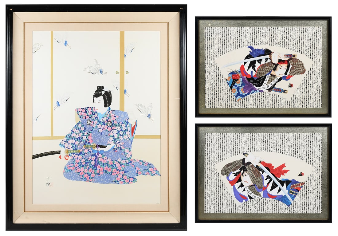THREE HISASHI OTSUKA SAMURAI MIXED MEDIA PRINTS: OTSUKA, Hisashi, (Japanese, b. 1947): Three Mixed Media Prints: 1) "Samurai Lord", sight size 38.5" x 27.5", signed lower left, numbered 249/300 in pencil lower right, custom frame, 50.125" x 39.375";