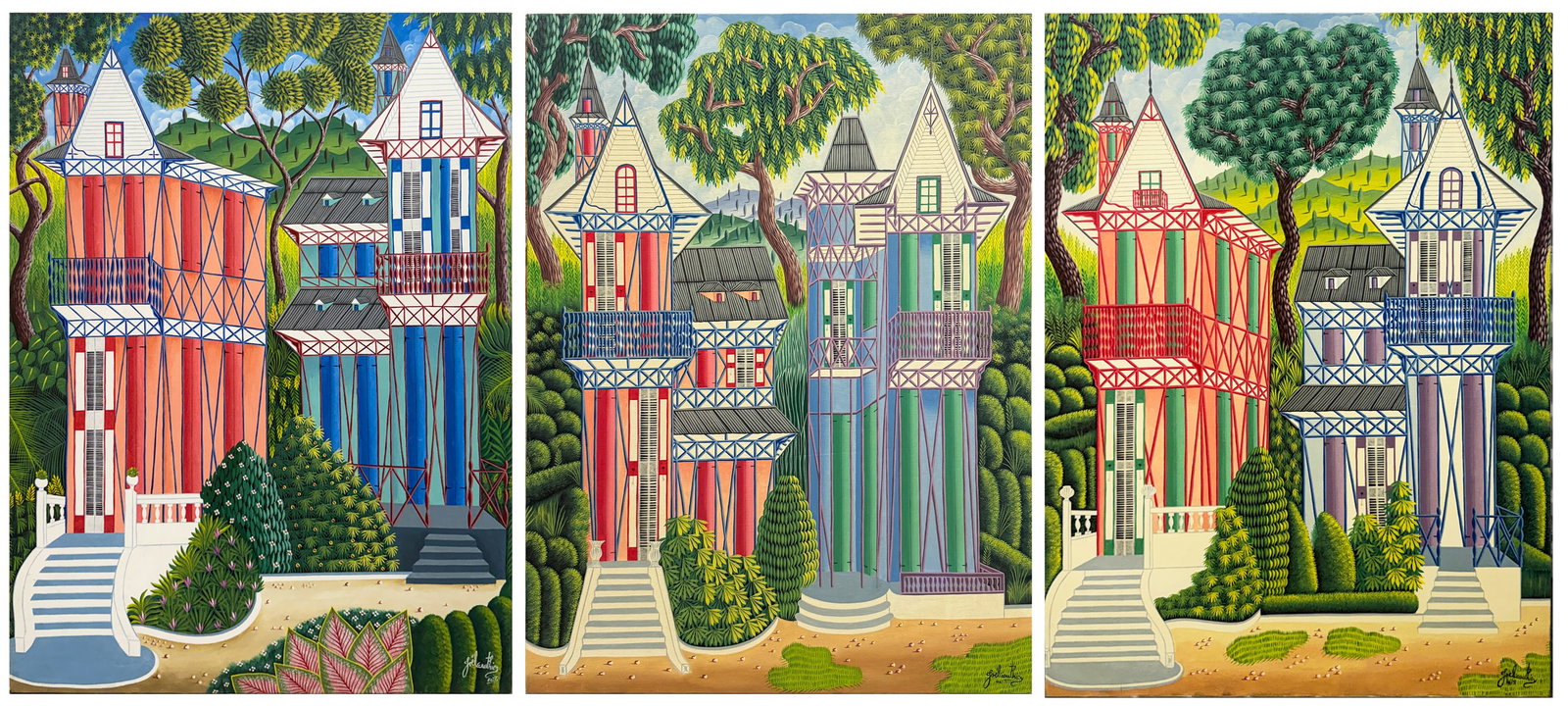 THREE JOEL GAUTHIER HAITIAN STREET SCENE PAINTINGS: GAUTHIER, Joel, (Haitian, 20th Century): 1) Two Colorful Houses with Gardens and Distant Rolling Hills, Oil/Canvas, 39.5" x 29.25", signed lower right and inscribed "Haiti", unframed; 2) Two Colorful 