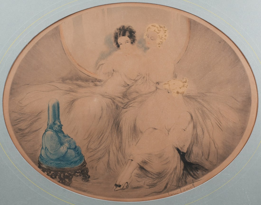 LOUIS ICART "BLUE BUDDHA" ETCHING: ICART, Louis, (French, 1888-1950): "Blue Buddha", Etching, oval sight size 16.625" x 21.375", pencil signed lower right, custom matting and framing, 24.75" x 29.5".