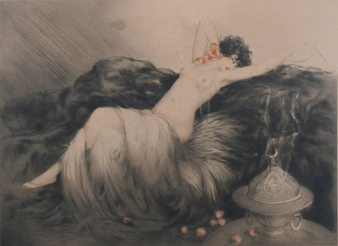 LOUIS ICART "SMOKE - FUMEE" ETCHING: ICART, Louis, (French, 1888-1950): "Smoke - Fumee", Etching, sight size 15.25" x 20.125", pencil signed lower right, framed, 20.75" x 25.625".