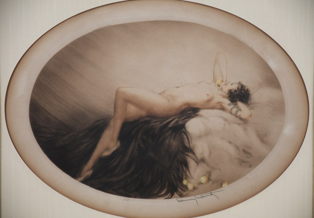 LOUIS ICART "VENUS" ETCHING: ICART, Louis, (French, 1888-1950): "Venus", Etching, oval sight size 16.25" x 22.25", signed lower right, blind stamp lower left, custom matting and framing, 31.25" x 35.375".