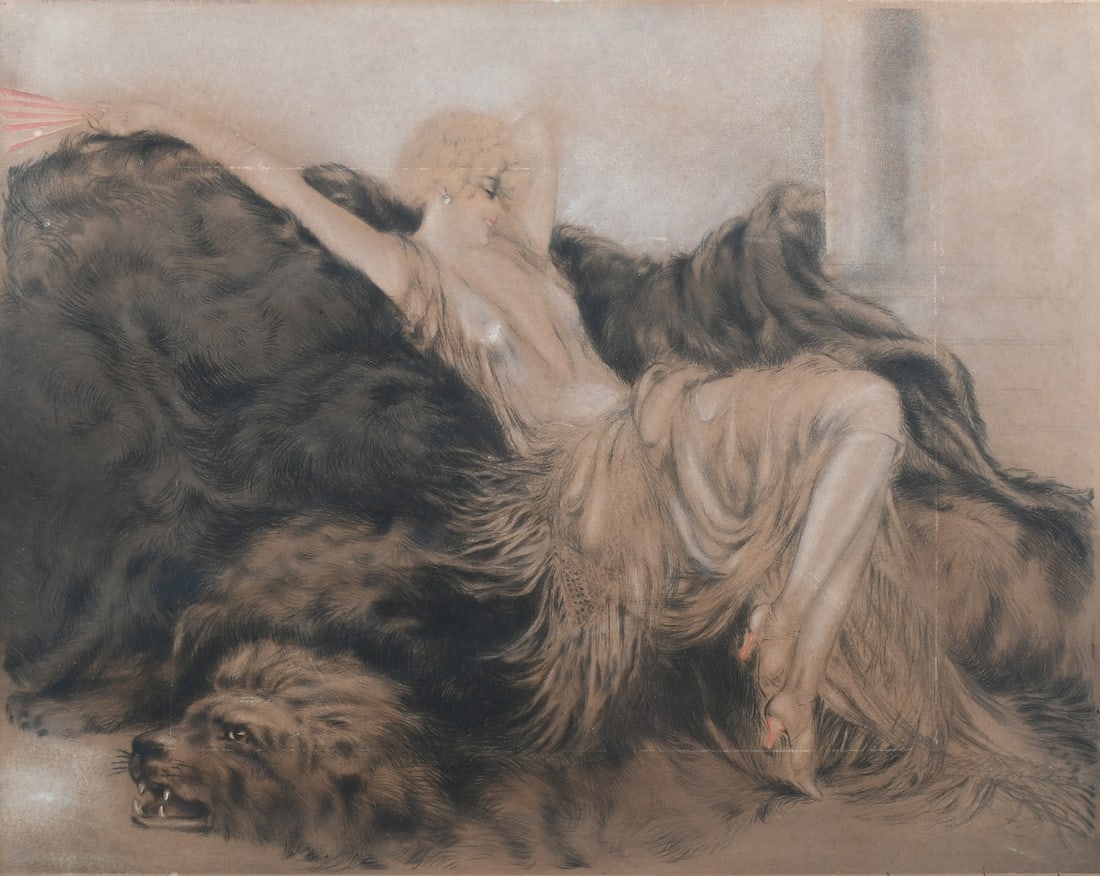 LOUIS ICART "LAZINESS" ETCHING: ICART, Louis, (French, 1888-1950): "Laziness", Etching, sight size 15.375" x 19", pencil signed lower right, framed, 20.875" x 24.5".
