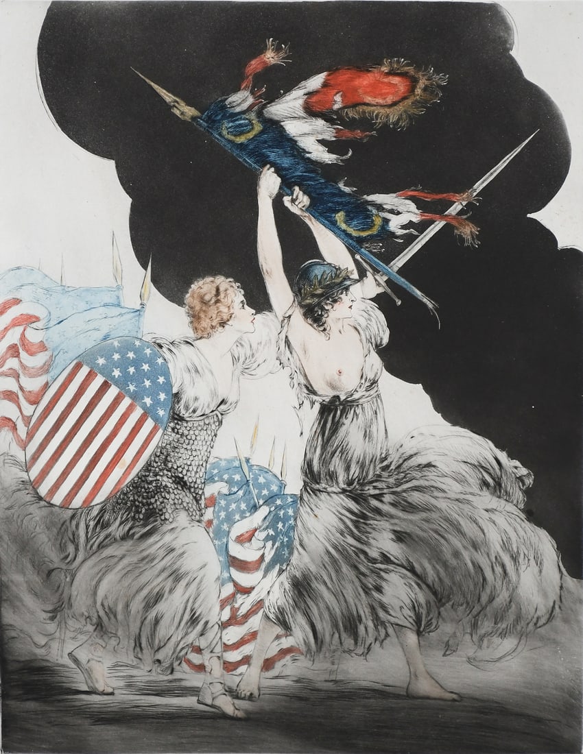 LOUIS ICART "COURAGE, MY LEGIONS" ETCHING: ICART, Louis, (French, 1888-1950): "Courage, My Legions", Etching, sight size 24" x 18.5", pencil signed lower right, numbered 20/150 lower left, framed but not under glass, 35.5" x 29.875".