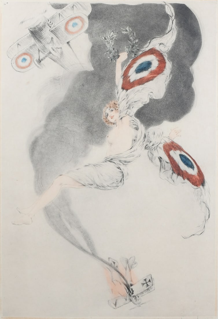 LOUIS ICART "WINGED VICTORY" ETCHING: ICART, Louis, (French, 1888-1950): "Winged Victory", Etching, sight size 23.125" x 16.25" with margins, pencil signed lower right, numbered 15/25 lower left, thin-edge metal frame, 29.75" x 23".