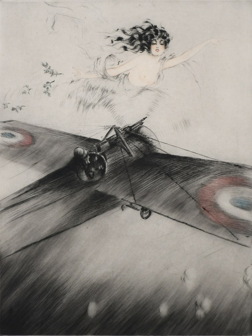 LOUIS ICART "GODDESS ON PLANE" ETCHING: ICART, Louis, (French, 1888-1950): "Goddess on Plane", Etching, sight size 22" x 17.5" with margins, pencil signed lower right, numbered 9/10 lower left, custom framing, 33.5" x 28.875".