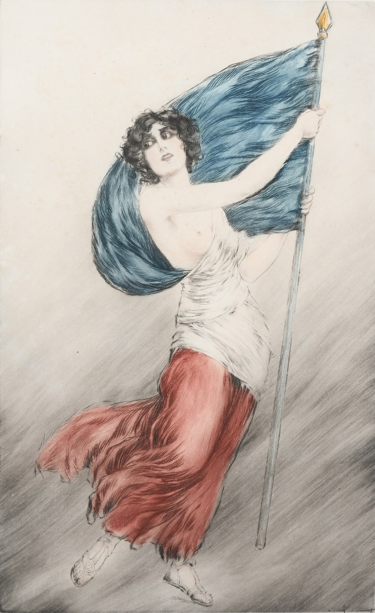 LOUIS ICART "MARIANNE (LA MARSEILLAISE)" ETCHING: ICART, Louis, (French, 1888-1950): "Marianne (La Marseillaise)", Etching, sight size 21.625" x 13.75", signed lower right, numbered 2/5 lower left with inscription in French, custom matting, framed,