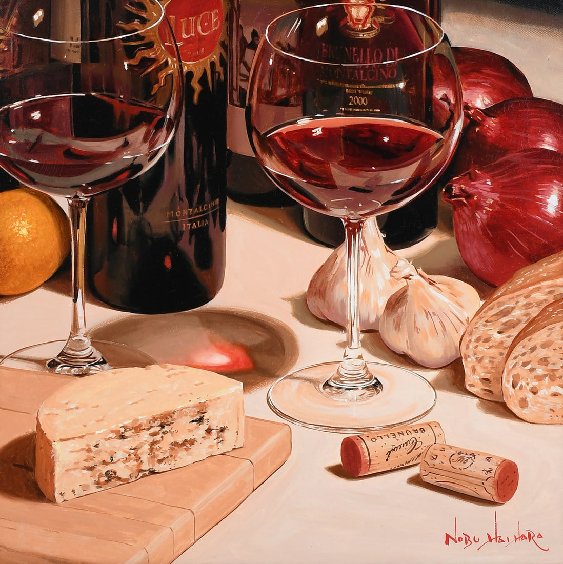 NOBU HAIHARA "RED DELIGHT" ORIGINAL STILL LIFE PAI: HAIHARA, Nobu, (Japanese/American, b. 1959): "Red Delight", Oil/Canvas, 20" x 20", signed lower right, framed, 23.375" x 23.5". Sold with a Certificate of Authenticity from Global Fine Art and a copy