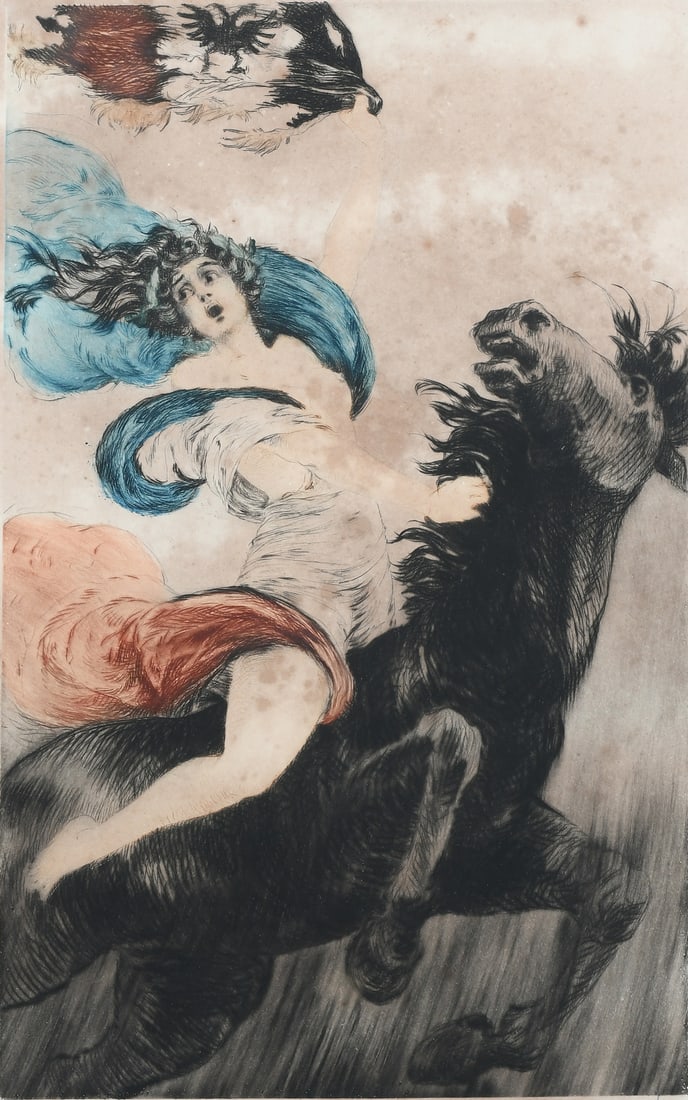 LOUIS ICART "LE TROPHEE" ETCHING: ICART, Louis, (French, 1888-1950): "Le Trophee" ("The Trophy"), Etching, sight size 21.75" x 14", pencil signed lower right, numbered 97/150 lower left, custom matting, thin-edge metal frame, 30.5" x 