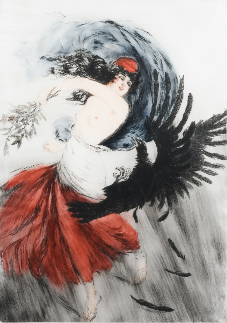 LOUIS ICART "BIRD OF PREY" ETCHING: ICART, Louis, (French, 1888-1950): "Oiseau de Proie" ("Bird of Prey"), Etching, sight size 20" x 14.125" with margins, pencil signed lower right, numbered 10/10 lower left, custom matting, thin-edge m