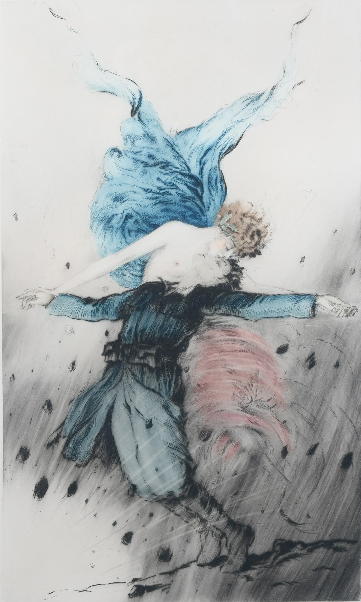 LOUIS ICART "KISS OF THE MOTHERLAND" ETCHING: ICART, Louis, (French, 1888-1950): "L'Baiser de la Patrie" ("Kiss of the Motherland"), Etching, sight size 21.125" x 13", pencil signed lower right, numbered 51/100, thin-edge metal frame, 27.75" x 19