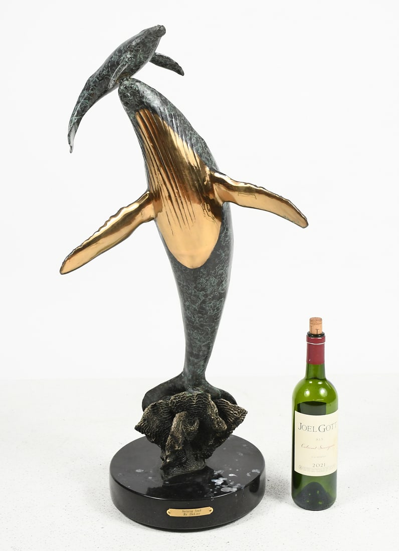 HUMPBACK WHALE AND CALF BRONZE BY DELIER: HUMPBACK WHALE AND CALF BRONZE BY DELIER: "Nuturing Touch", Bronze with Applied Gilt and Spotted Patina, measures 30" in height, overall 32.5" in height with rounded marble base, affixed nameplate