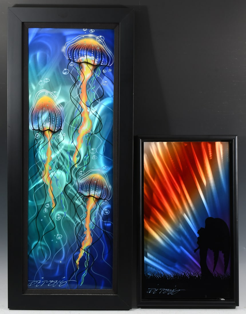 TWO ORIGINAL CHRIS DERUBEIS MIXED MEDIA PAINTINGS: DERUBEIS, Chris, (American, b. 1978): Two Mixed Media Paintings/Manipulated Metal: 1) "Guiding Light", 18.125" x 9.75", signed lower left, framed, 19.625" x 11.75"; 2) "I'm So Jelly", 30" x 10",