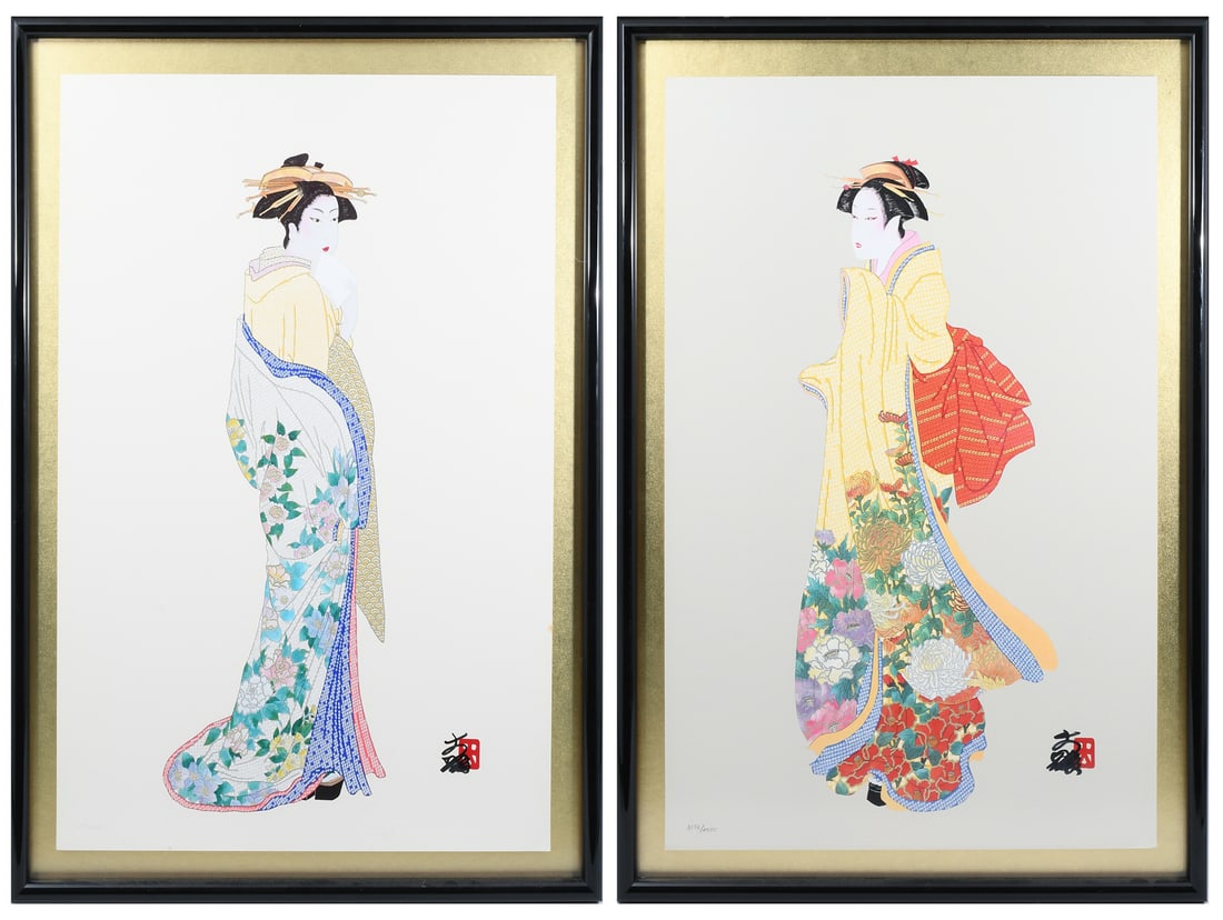 TWO HISASHI OTSUKA MIXED MEDIA PRINTS: OTSUKA, Hisashi, (Japanese, b. 1947): Two Mixed Media Prints: 1) "Eternal Beauty", 26" x 19", signed lower right, numbered 3176/4500 in pencil lower left, float-mounted in frame, 29.75" x 22.875"; 2)
